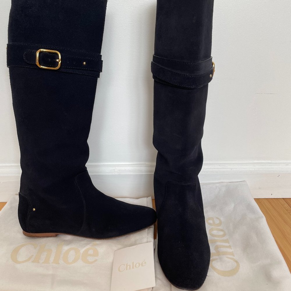 CHLOE navy suede tall boots size 7.5US 381/2IT.